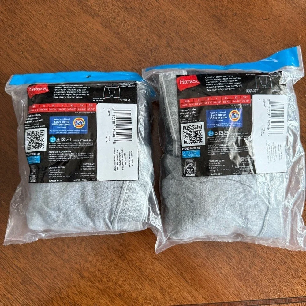 Bundle of 2 Hanes Tagless Boxer Briefs‎ 2-Pack Cotton Gray Black Men's XL NWT